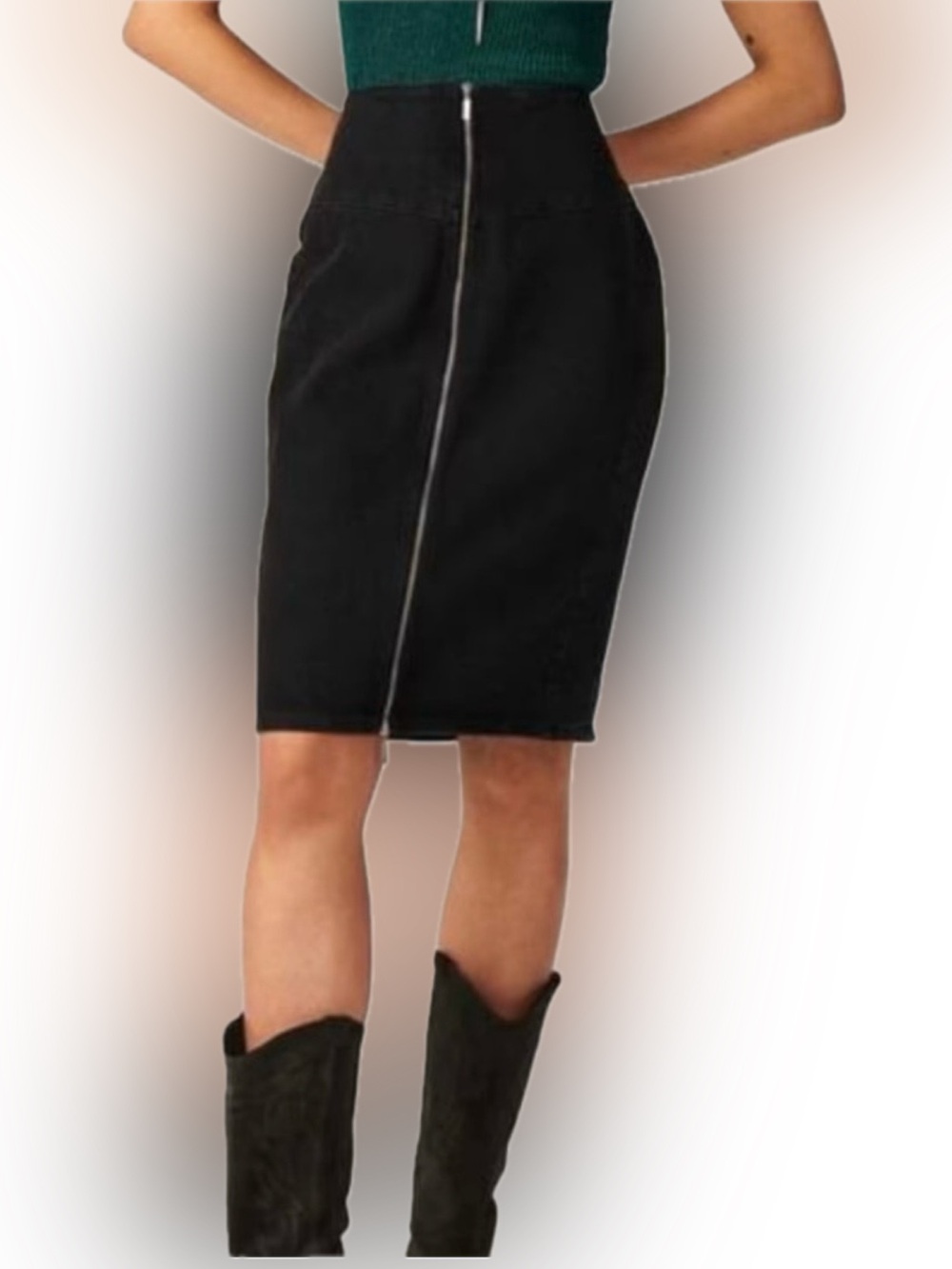 ba&sh Black Front-Zip Denim Pencil Skirt